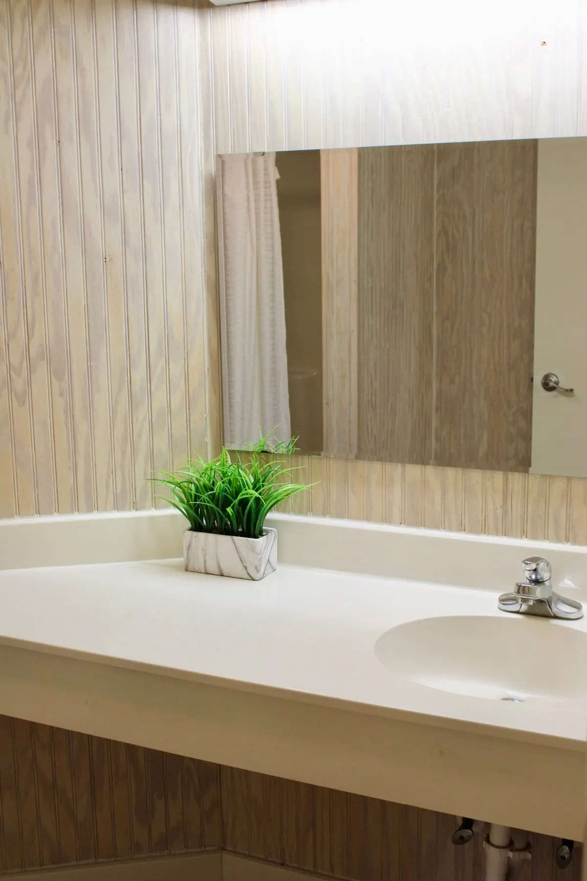 A bright, serene bathroom featuring a modern sink and mirror, accented by an artificial plant. Soft morning light streams in, creating an inviting atmosphere ideal for unwinding or freshening up. The space feels private and thoughtfully arranged for comfort.